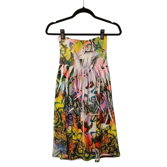 DNLA SPORT Colorful Heart Air Brush Print Smocked Ivory Strapless Dress Large - Picture 6 of 9